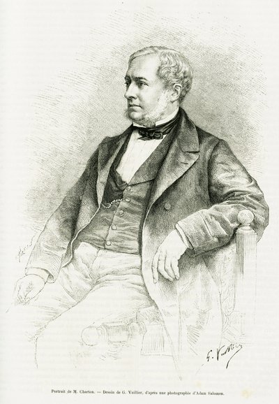 Portræt af Edouard Charton. Gravering af G.Vuillier, efter et fotografi af Adam Salomon, for at illustrere artiklen med titlen M. Charton af Paul Laffite i le tour du monde 1890, redigeret af Edouard Charton (1807-1890), Hachette, Paris. af Gaston Vuillier