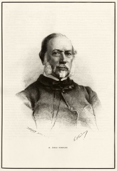 Portræt af Emile Templier (1821- 1891), Louis Hachettes (1800-1864) samarbejdspartner, ansvarlig for fremstillingen af "Tour du monde". Gravering af G.Vuillier, for at illustrere historien "Fra Paris til Tonkin, gennem det ukendte Tibet"" af Gabriel Bonval af Gaston Vuillier