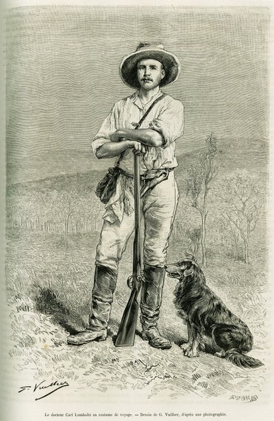 Portræt af den rejsende forfatter Carl Lumholtz. Gravering af G.Vuillier, for at illustrere historien Chez les cannibales, rejse i det nordøstlige Australien af Gaston Vuillier