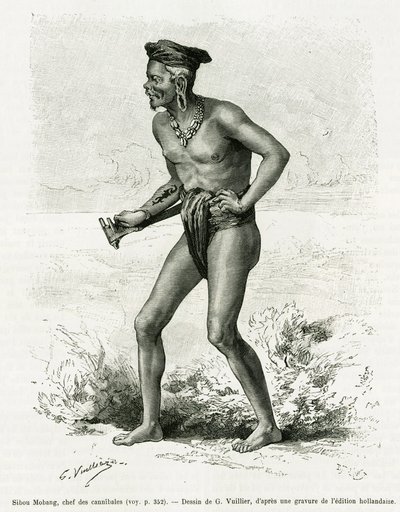 Sibou Mobang, leder af kannibaler. Gravering af G.Vuillier, til illustration af historien De Koutei a Bandjirmasin, rejse gennem Borneo, af Carl Bock, i le tour du monde 1890, instrueret af Edouard Charton (1807-1890), Hachette, Paris. af Gaston Vuillier