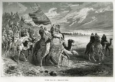 Berak, Emir Ibn Al Rashids flag (1872-1890) (Saudi-Arabien). Gravering af G.Vuillier, for at illustrere historien "" pelerinage au Nedjed, den arabiske races vugge"", af Lady Anna Blunt, i 1878-1879, udgivet i Tour du monde, under ledelse af Gaston Vuillier