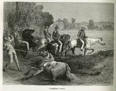 Ekspeditionen på hesteryg til udforskning af Terable-dalen, gravering efter en tegning af G.Vuillier, for at illustrere historien De Cayenne aux Andes, af Jules Crevaux, læge i den franske flåde, i 1878-1879, offentliggjort i turen du monde, unde af Gaston Vuillier