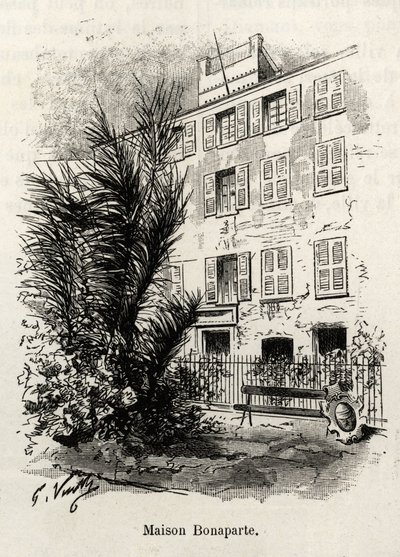 Facaden på huset Bonaparte, hvori Napoleon Bonaparte (1769-1821) ikke er. Gravering og historie "" La Corse"" af Gaston Vuillier (1845-1915), i 1890, i Le tour du monde, nouveau journal des voyages, under ledelse af Edouard Charton (1807-189) af Gaston Vuillier