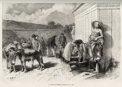 Fontænen af Rossello, i Sassari (Italien). Daglige aktiviteter, kvinde fylder en criche og vandbærere med deres æsler, fylder deres tønder. Gravering og historie "" La Sardaigne"" af Gaston Vuillier (1845-1915), i 1890, i Le tour du monde, nouv af Gaston Vuillier