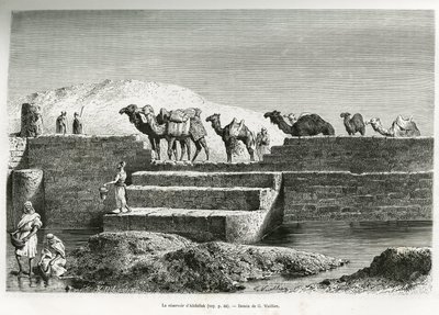 Abdallahs reservoir (Saudi-Arabien). Gravering af G.Vuillier, for at illustrere historien "" pelerinage au Nedjed, den arabiske races vugge"", af Lady Anna Blunt, i 1878-1879, udgivet i Tour du monde, under ledelse af Edouard Charton (1807- 18 af Gaston Vuillier