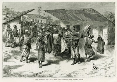 Landsbyen Bakourou, de oprindelige folk bliver tilbudt gaver til fredsforhandlinger. Gravering af G.Vuillier, for at illustrere historien Dans les tenebres de l
