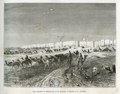 Meshed Alis vægge (Ali Ibn Abi Talib, død i 661, fætter, discipel og svigersøn af Muhammed (570-632)) er placeret i moskeen i Najaf (Irak), og pelerinerne samles for at fejre den første og far til alle imamer. Stik af G.Vuillier, til il af Gaston Vuillier