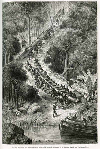 Traggende kanoer ved Innkissi Falls (eller Livingstone Falls) (Congo), under ledelse af Sir H.M.Stanley (1841-1904), tegnet af G.Vuillier, for at illustrere historien "Through the Mysterious Continent", en rejse foretaget mellem 1874 -1877, af Sir H.M.Stan af Gaston Vuillier