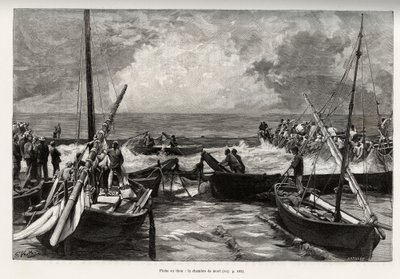 Tunfiskeri (mattanza): dødskammeret, tunpresser på et trangt sted er dækket af fiskernes harpuner. Gravering og historie "" La Sardaigne"" af Gaston Vuillier (1845-1915), i 1890, i Le tour du monde, nouveau journal des voyages, under t. af Gaston Vuillier