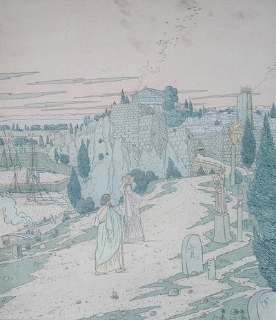 Ulysses møder gudinden Minerva forklædt som en pige med en kande, illustration fra bog 6 af Odysseen, oversat af Lecomte de l