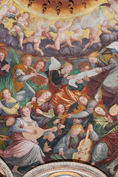 Detalje af den hellige jomfrus himmelfart, kendt som "Englekoret, der spiller musik", Kuppelen på tværskibet, fra 1534 (fresko) af Gaudenzio Ferrari