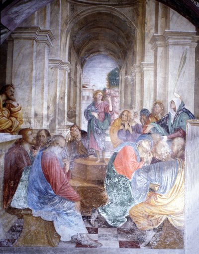Diskussion af Jesus med lægerne i templet. Fresko af Gaudenzio Ferrari (1475 - 1546), Santa Maria delle Grazie-kirken, Varallo. af Gaudenzio Ferrari
