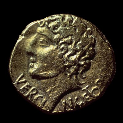 Den galliske guldstater (Arvernes) har afbildningen af ​​Vercingetorix (72-46 f.Kr.) udstedt i 52 f.Kr. Paris, B.N. af Gaulish Gaulish