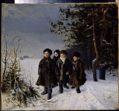 Tilbage fra skolen - Maleri af Gavriil Fyodorovich Rybakov (1859-?), olie på lærred af Gavriil Fyodorovich Rybakov