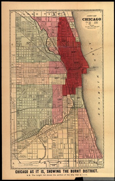 Chicago As It Is, Showing the Burnt District, fra History of the Great Fires in Chicago and the West af Edgar Johnson Goodspeed, udgivet Chicago, 1871 (håndkoloreret litho) af Gaylord Watson