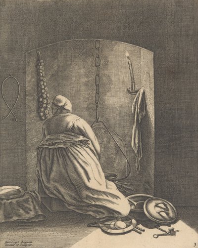 A Woman Cooking, Plade 3 fra Fem Feminine Occupations, ca. 1640-57., ca. 1640-57. af Geertruydt Roghman