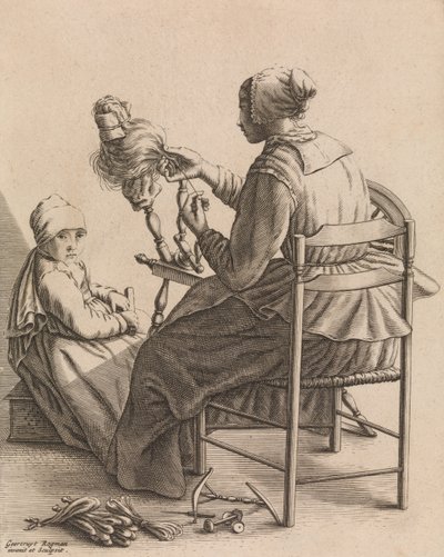 En kvinde, der spinder, tallerken 4 fra fem feminine erhverv, ca. 1640-57. af Geertruydt Roghman