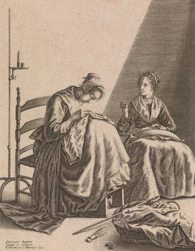 Two Women Syning, Plade 1 fra Five Feminine Occupations, ca. 1640-57. af Geertruydt Roghman