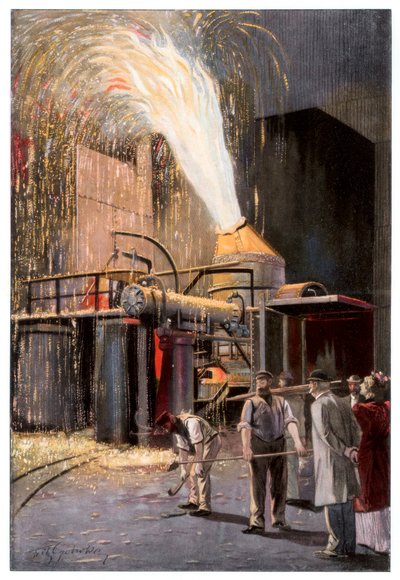 Afkulning af råjern i en Bessemer-konverter, 1900. af Gehrke