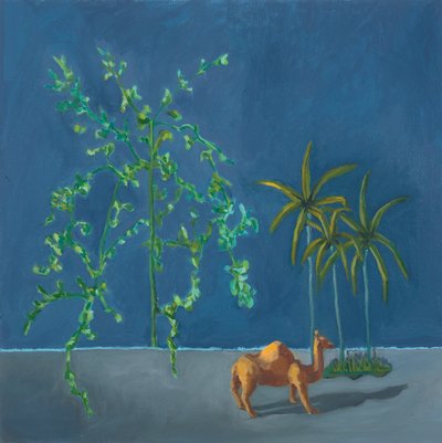 Kamel og to træer, 2019 (olie på plade) af Genevieve French