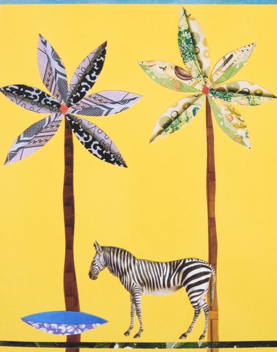 Zebra med blå skål (collage) af Genevieve French