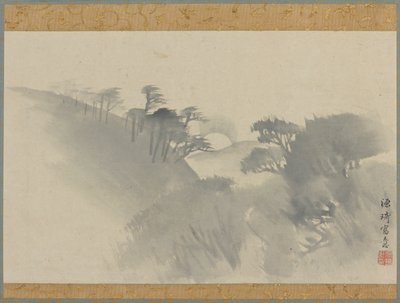 Landskab med bakke, træer og måneopgang, Edo-perioden, 1747-1868. af Genki