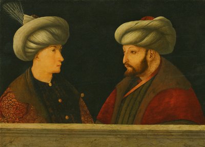 Portræt af sultan Mehmed II (1432-81) med en ung dignitær (olie på træ) af Gentile (school of) Bellini