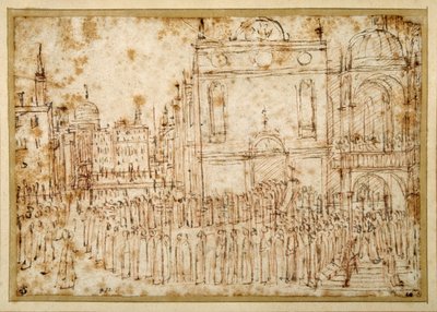En venetiansk procession, der bevæger sig fra en scuola til en flankerende kirke (pen og blæk over kridt på papir) af Gentile Bellini