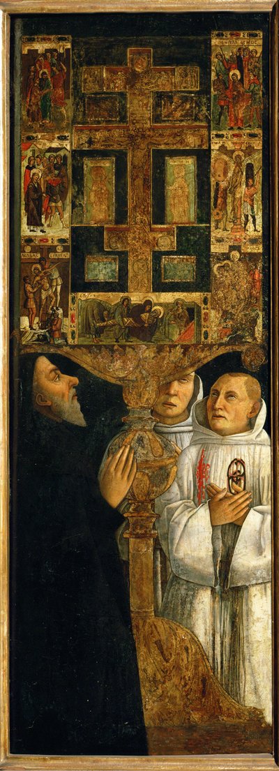 Kardinal Bessarion med to fædre fra Scuola della Carita ved døren til det tidligere tabernakel (poppeltræ) af Gentile Bellini