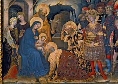 Magiernes tilbedelse, detalje af Jomfru og Barn med tre konger, 1423 tempera på panel af Gentile da Fabriano