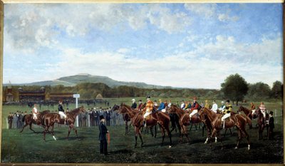 Afgang i Longchamp givet af Baron Foy i 1877 Opstilling af heste ved starten af et løb på væddeløbsbanen. Maleri af Geo Arnull (1800-tallet) 1877. Paris, Societe-opmuntring af Geo Arnull