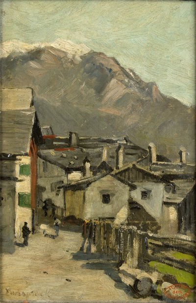 Huse langs en vej nær et bjerg (Innsbruck?) af Geo Poggenbeek