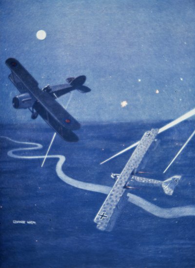 Bristol-jager angriber tysk Gotha-bombefly over London om natten (farve litho) af Geoffrey Watson