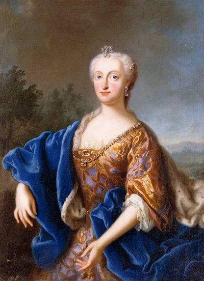 Portræt af Maria Amalia, stående trekvart længde, iført en broderet kjole (olie på lærred) af Georg (circle of) Desmarees