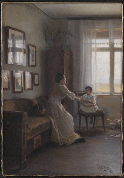 Interiør med kunstnerens kone og barn af Georg Achen