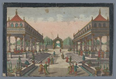Udsigt over en søjlegang mod en cypresshave i Konstantinopel Colonnata i Groß-Sultans Lust-Garten af Georg Balthasar Probst (possibly)