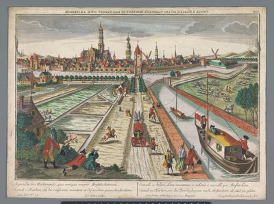 Udsigt over Amsterdam-kanalen i Haarlem Canal zu Harlem, gift med Threckschuijten efter Amsterdam ab und zu gehen (titel på objektet) Haarlem (serietitel) af Georg Balthasar Probst