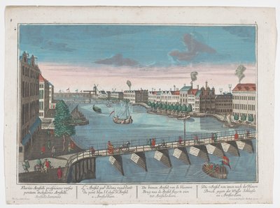 Udsigt over Binnen-Amstel mellem Blauwbrug og Hogesluis i Amsterdam Die Amstel von inden nach der blauen Brücke gegen der Wasser Schleuße zu Amsterdam (titel på objekt) Amsterdam (serietitel) af Georg Balthasar Probst