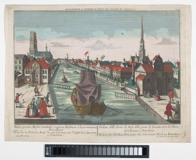 Udsigt over Wester Oude Hoofdpoort og Ooster Oude Hoofdpoort i Rotterdam Prospect der Ost Maas Port, gegen der S.Lorenzen Kirch zu Roterdam (titel på objekt) Rotterdam (serietitel) af Georg Balthasar Probst