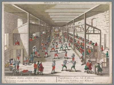 Udsigt til en fægteskole Perspectivische Vorstellung einer Fechtschule (titel på objekt) Turnerings- og fægteskoler (serietitel) af Georg Balthasar Probst