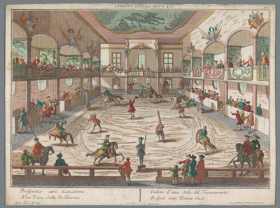 Udsigt over en turneringsskole Prospect eines Turnier Saal (titel på objekt) Turnerings- og fægteskoler (serietitel) af Georg Balthasar Probst