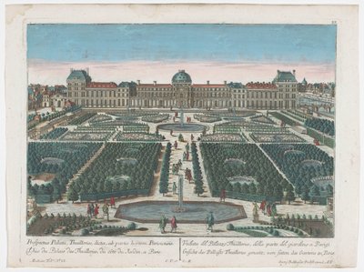 Udsigt over Palais des Tuileries i Paris set fra Jardin des Tuileries Gesicht des Pallasts Thuilleries genannt, von seiten des Gartens zu Paris (titel på objekt) Paris (serietitel) af Georg Balthasar Probst