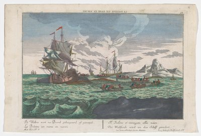 Udsigt over hvalernes roning til skibene Der Wallfisch wird an das Schiff gerudert (titel på objekt) Hvalfangst ud for Grønland (serietitel) af Georg Balthasar Probst
