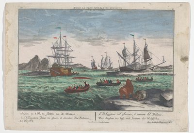 Udsigt over eftersøgningen af ​​hvalerne Das Seeglen ins Eiß, und Suchen des Wallfisches (titel på objekt) Hvalfangst ud for Grønland (serietitel) af Georg Balthasar Probst