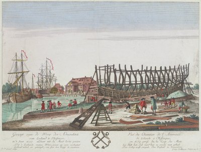 Udsigt over Zeelands Admiralitets skibsværft i Vlissingen i 1779. Litografi (36,3x49,1 cm), kobberstik af Leizel efter tegning af Georg Balthasar Probst (1732-1801). af Georg Balthasar Probst