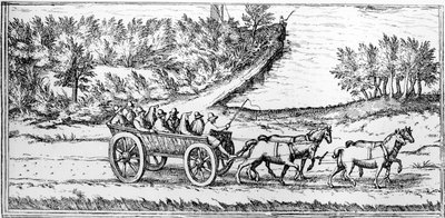 Bus med passagerer i Frankrig, detalje af et kort, slutningen af det 16. århundrede af Georg Braun und Franz Hogenberg