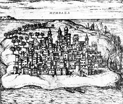 Udsigt over Mombaza, fra Georg Brauns Civitates orbis terrarum, udgivet i 1572, graveringsdetalje af 483404 af Georg Braun und Franz Hogenberg