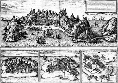 Udsigt over Aden, Mombaza, Quiloa og Cefala, fra Georg Brauns "Civitates orbis terrarum", udgivet i 1572 af Georg Braun und Franz Hogenberg