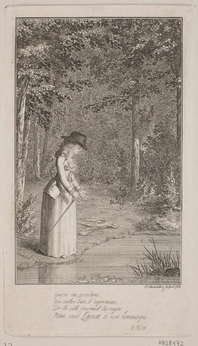 En ung dame står i en skov ved vandbred af Georg Christian Schule