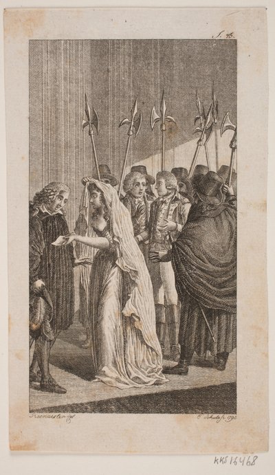 Illustration med en ung dame, der giver et brev til en ældre mand. I baggrunden to herre omgivet af byvagter af Georg Christian Schule